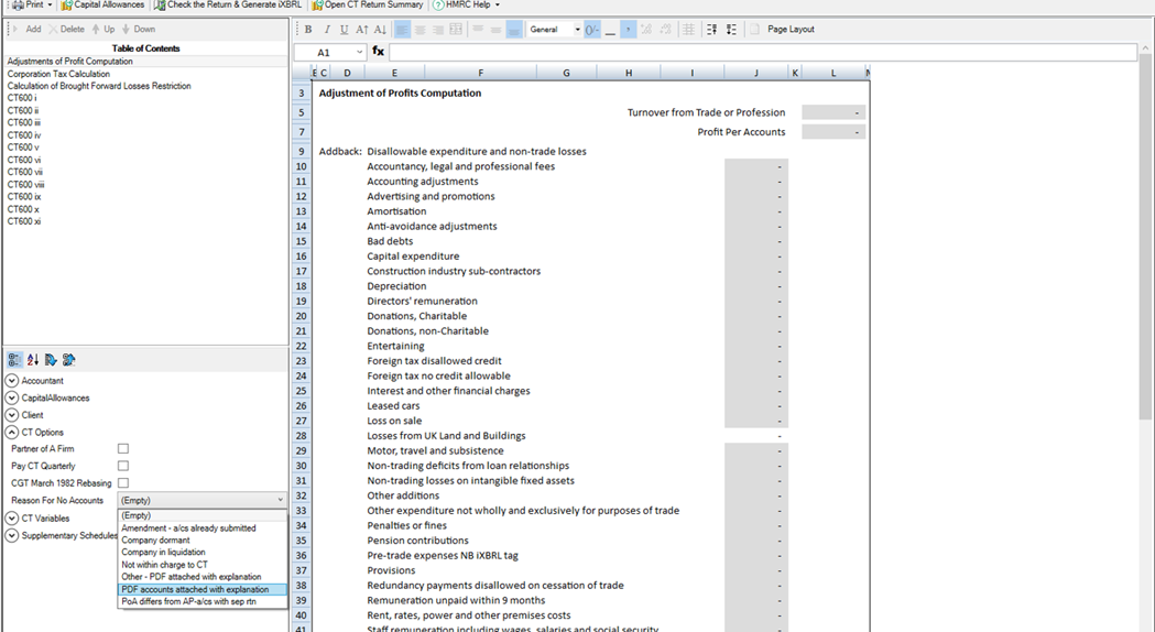 How to select a reason for not attaching Accounts to a Corporation tax return